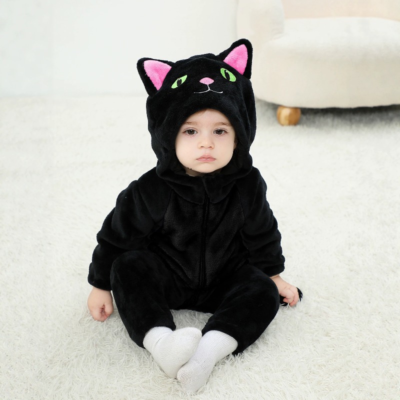 Cotton Baby Onesies Zipper - ชุดรอมเปอร์เด็กแรกเกิดลายแมวสีดำชมพู พร้อมฮู้ด ชุดบอดี้สูท จั๊มสูท ชุดนอนเด็กน่ารัก ผ้าฟลีซขนนุ่ม