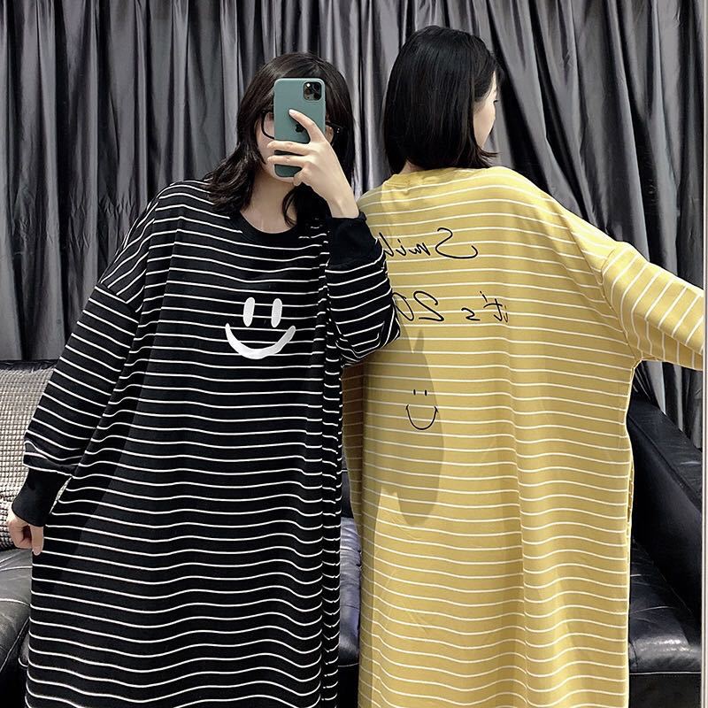 Maternity Wear - ลาย PLUS ขนาดชุดนอนผู้หญิงฤดูใบไม้ร่วงเกาหลีแขนยาวหลวมชุดตั้งครรภ์เข่า Fattening Nightgown 100